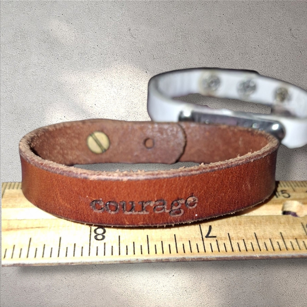 Leather Bracelets Brown And White Adjustable 'Courage' 'Love Life' Boho Hippie